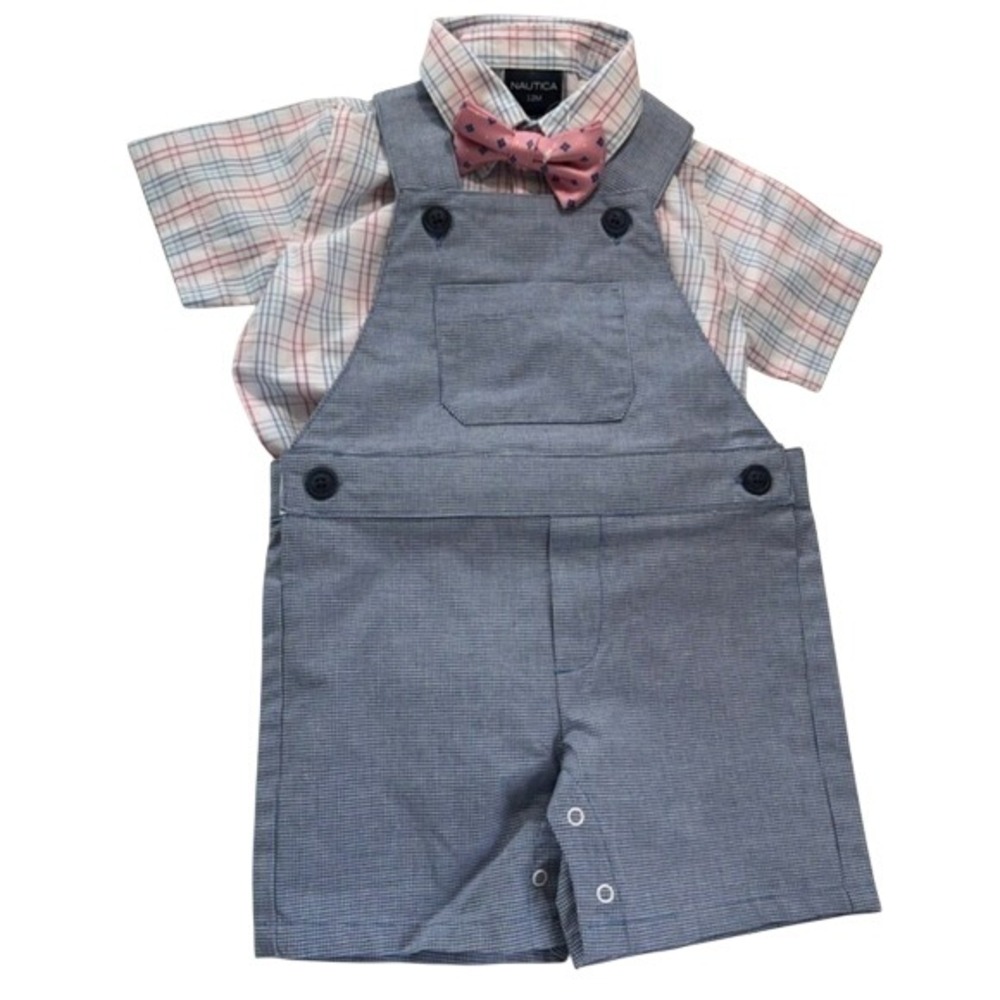 Nautica Boys 3-Piece Set Bow Tie Shirt‎ Overalls 12M NWT Grecian Blue